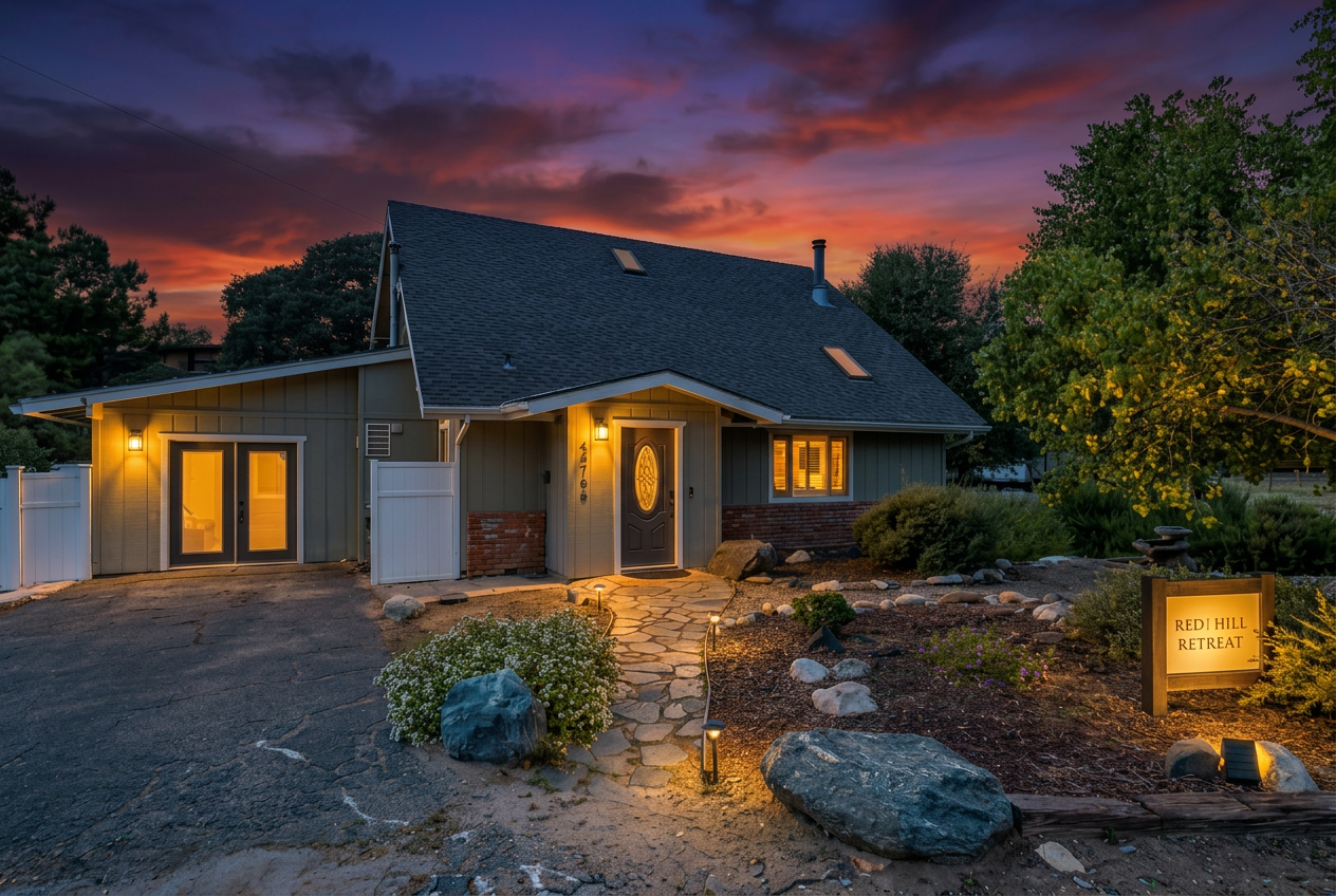 Red Hill Retreat cabin at golden hour